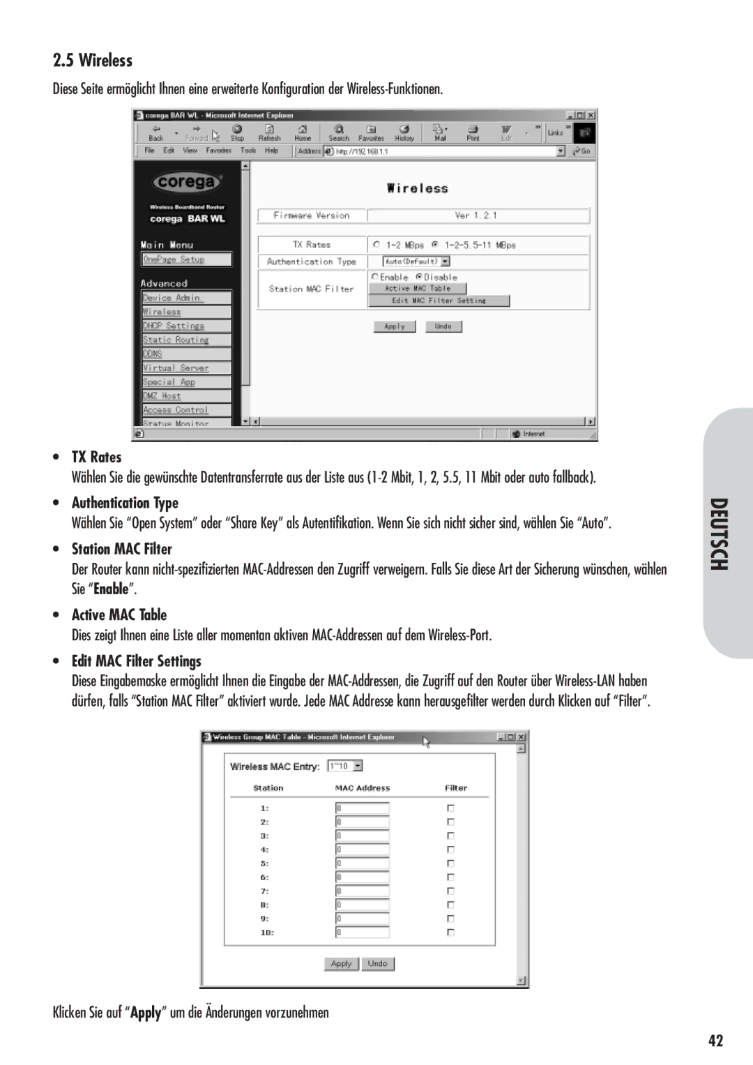 Corega 613-00041-01 manual Wireless, Klicken Sie auf Apply um die Änderungen vorzunehmen 