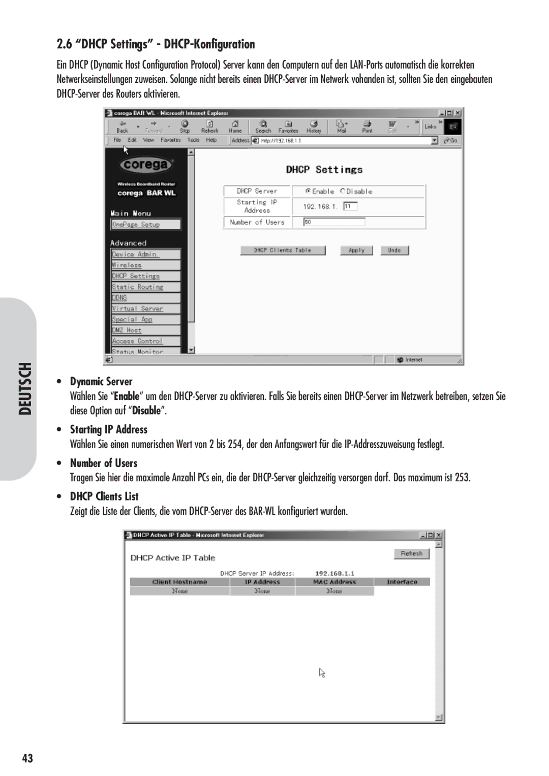 Corega 613-00041-01 manual Dhcp Settings DHCP-Konfiguration, Dynamic Server 