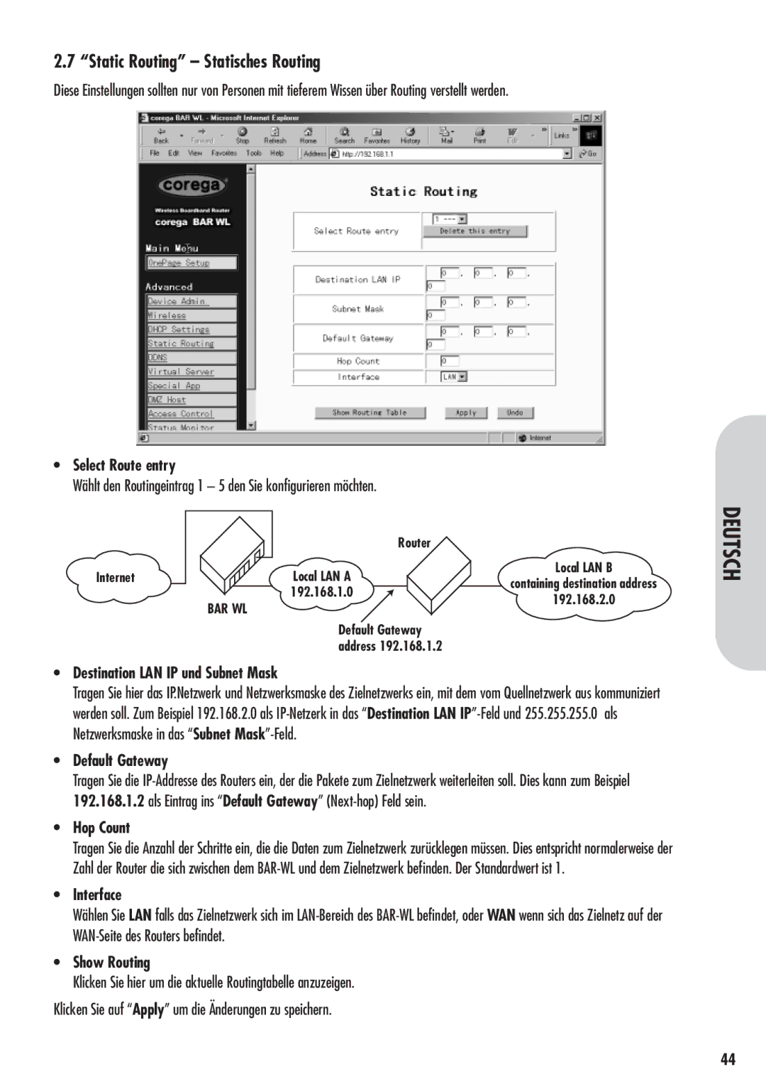 Corega 613-00041-01 manual Static Routing Statisches Routing, Wählt den Routingeintrag 1 5 den Sie konfigurieren möchten 