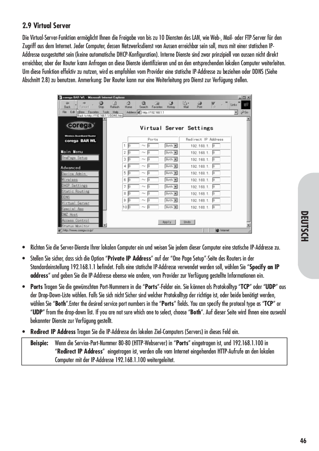 Corega 613-00041-01 manual Virtual Server, Deutsch 