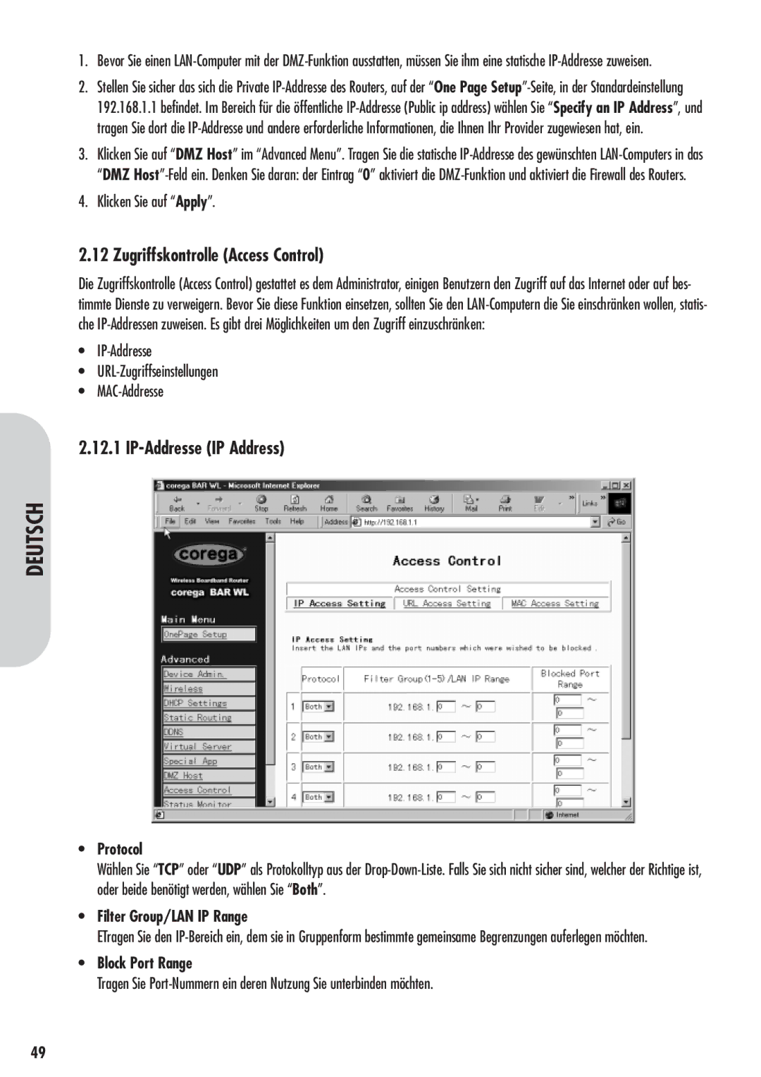 Corega 613-00041-01 manual Zugriffskontrolle Access Control, IP-Addresse IP Address, Klicken Sie auf Apply 