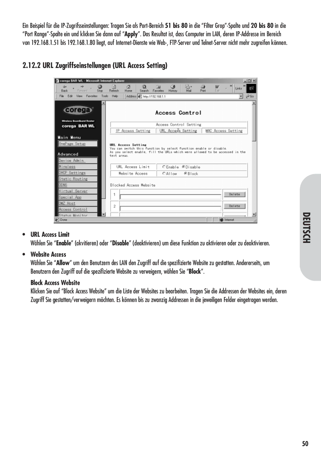 Corega 613-00041-01 manual URL Zugriffseinstellungen URL Access Setting, URL Access Limit 