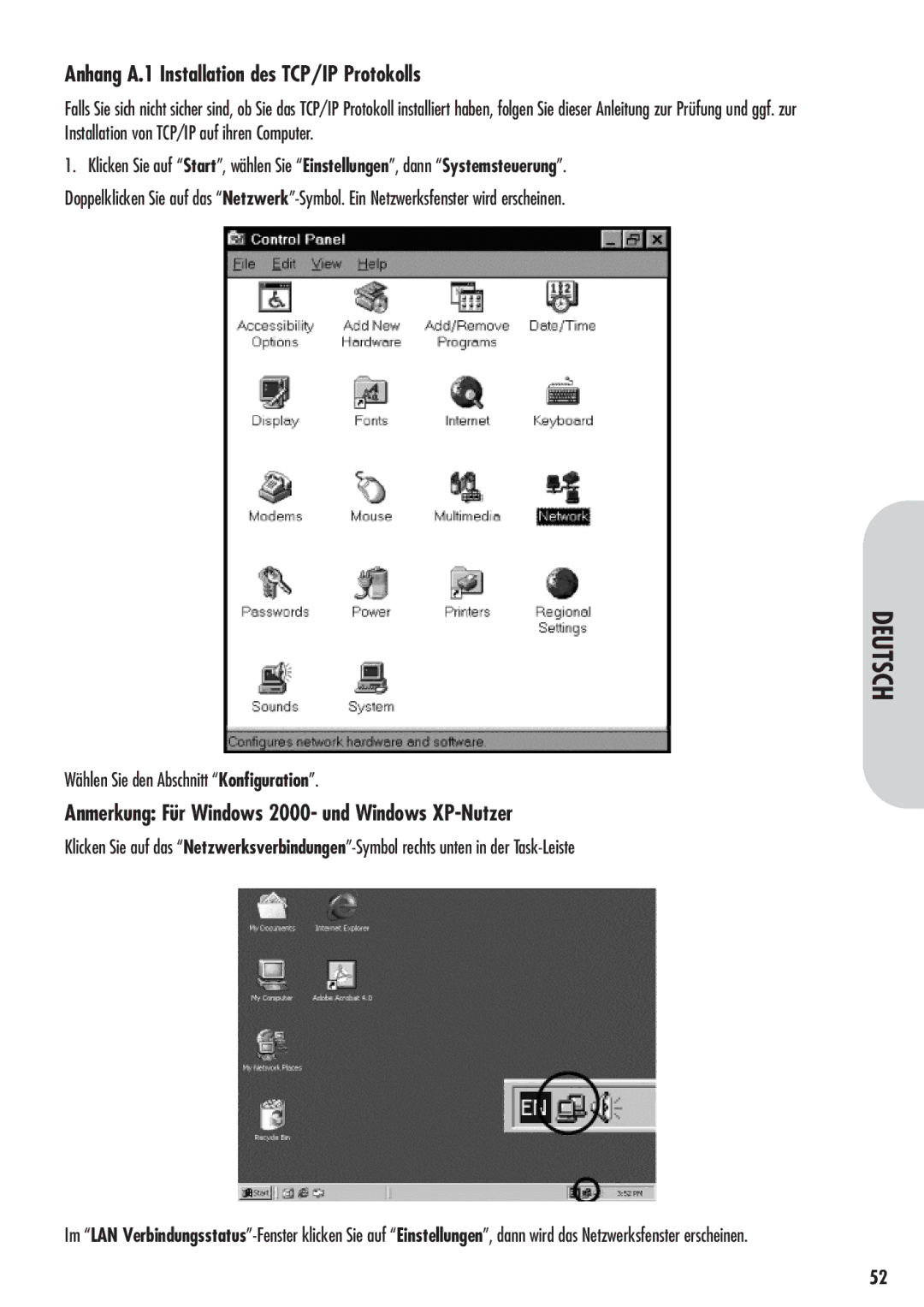 Corega 613-00041-01 manual Anhang A.1 Installation des TCP/IP Protokolls, Anmerkung Für Windows 2000- und Windows XP-Nutzer 