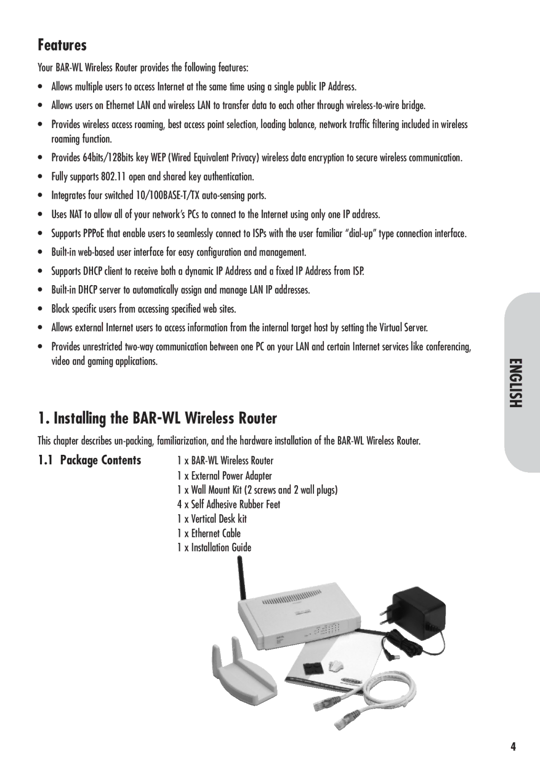 Corega 613-00041-01 BAR-WL Wireless Router External Power Adapter, Vertical Desk kit Ethernet Cable Installation Guide 