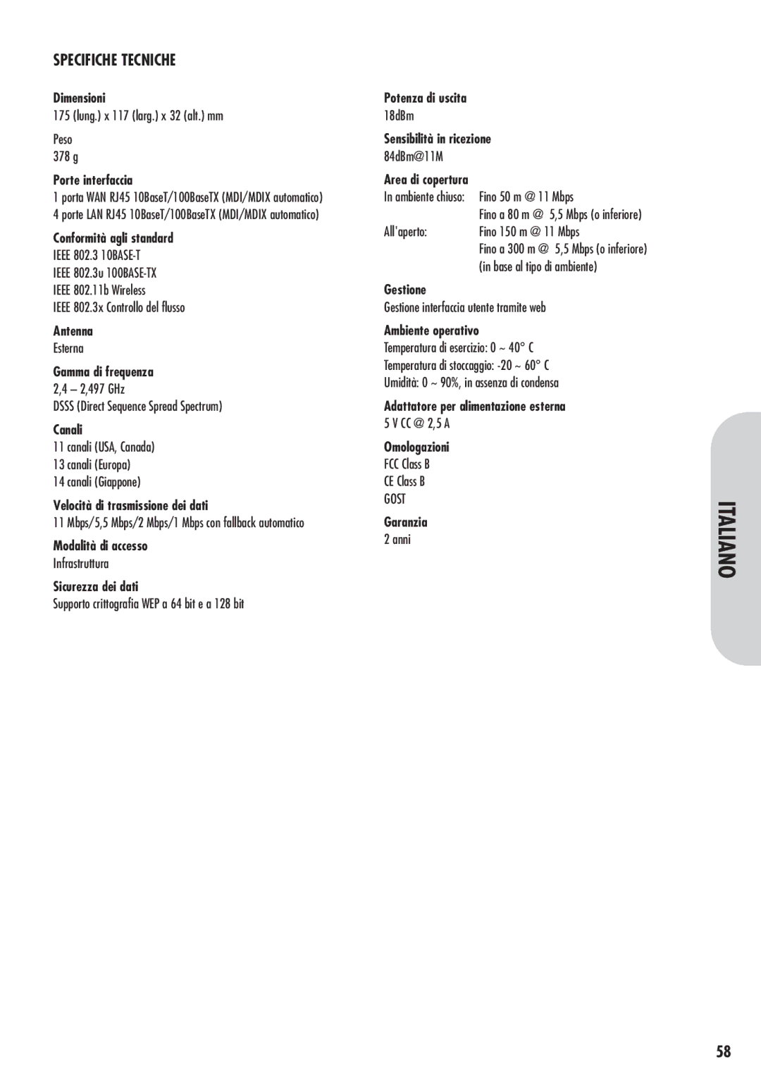 Corega 613-00041-01 manual Specifiche Tecniche, Porte interfaccia 