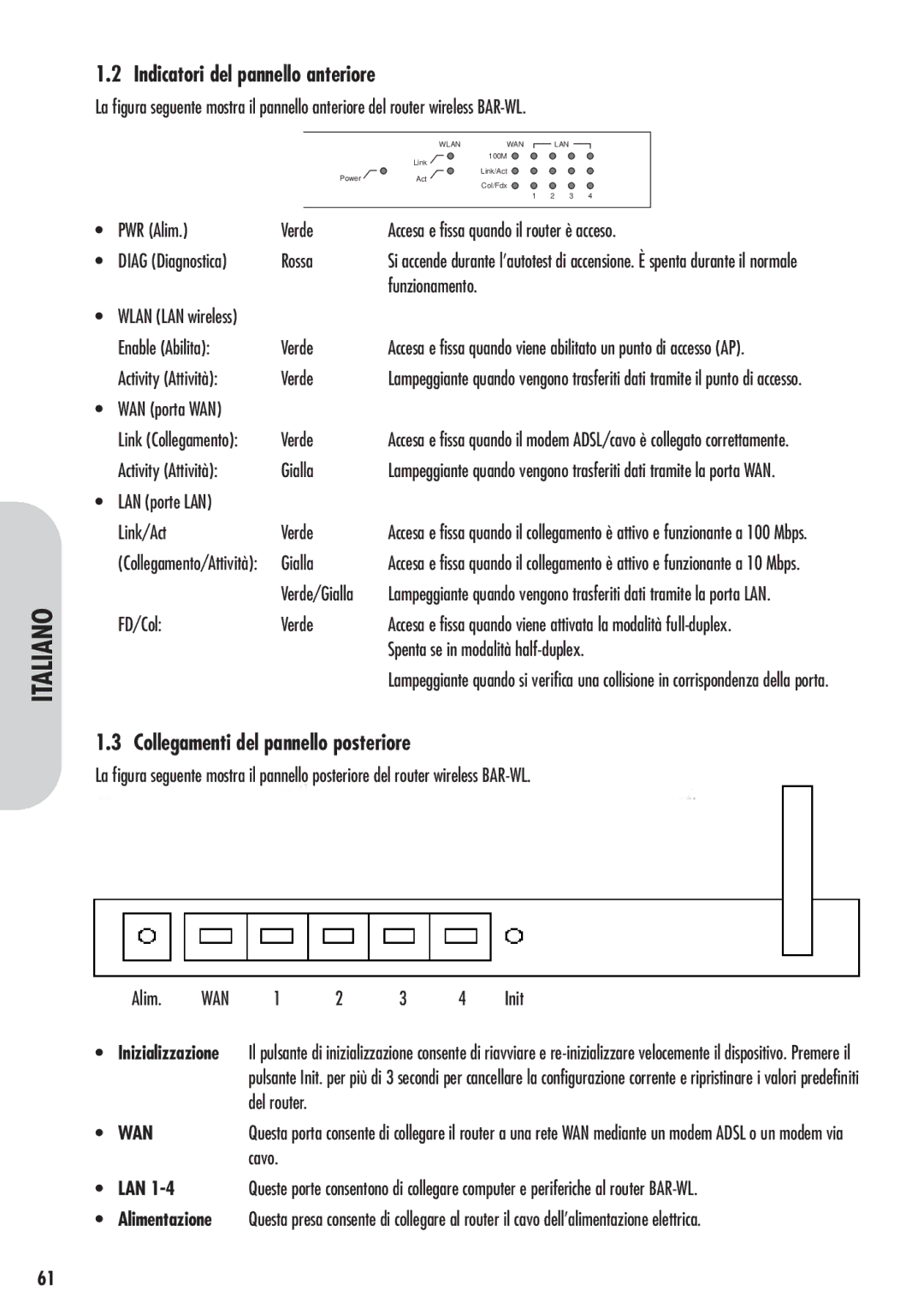 Corega 613-00041-01 manual Indicatori del pannello anteriore, Collegamenti del pannello posteriore, Wan, Cavo, Lan 