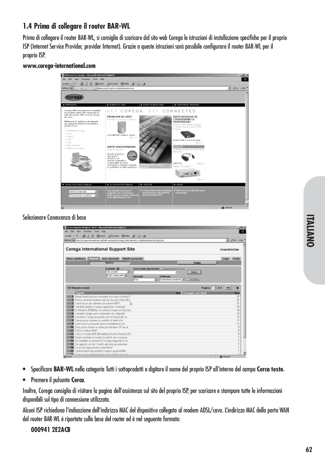 Corega 613-00041-01 manual Prima di collegare il router BAR-WL, Selezionare Conoscenza di base 