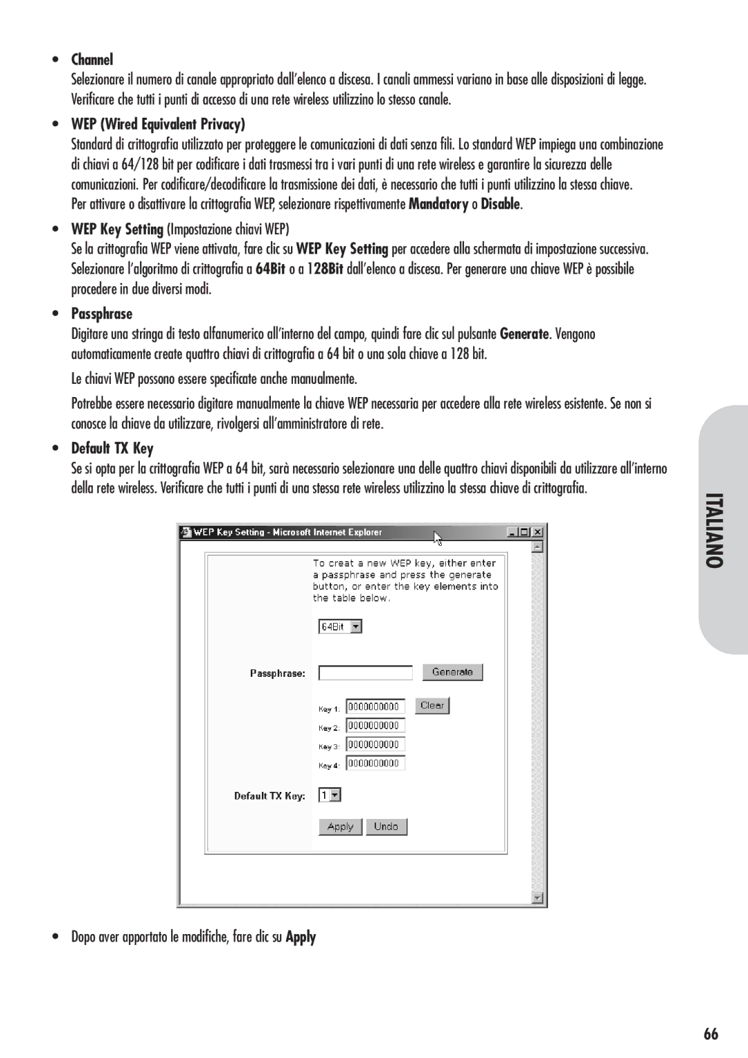 Corega 613-00041-01 WEP Key Setting Impostazione chiavi WEP, Le chiavi WEP possono essere specificate anche manualmente 