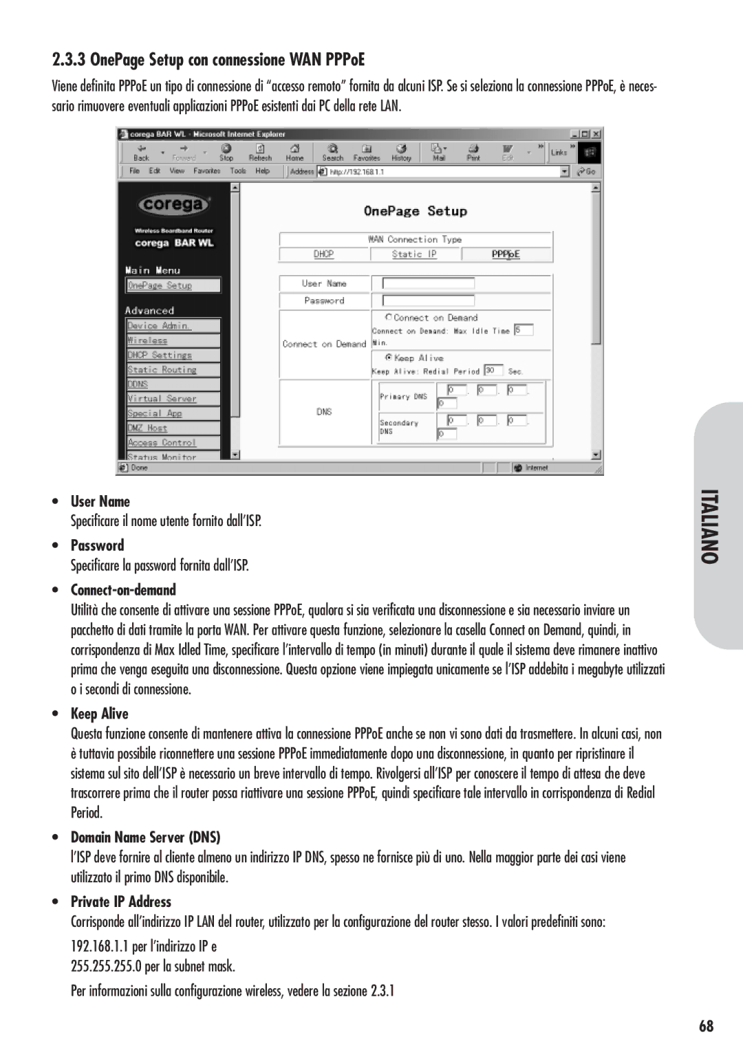 Corega 613-00041-01 manual OnePage Setup con connessione WAN PPPoE, Specificare il nome utente fornito dall’ISP 