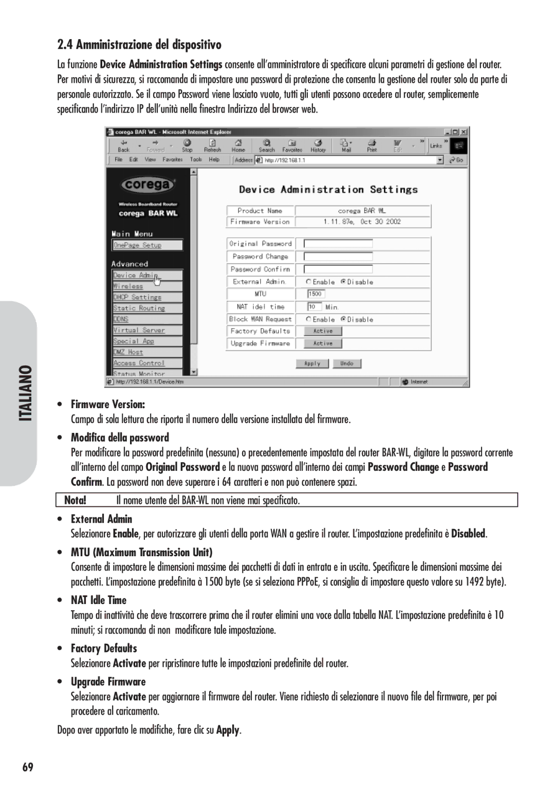 Corega 613-00041-01 manual Amministrazione del dispositivo, Modifica della password 