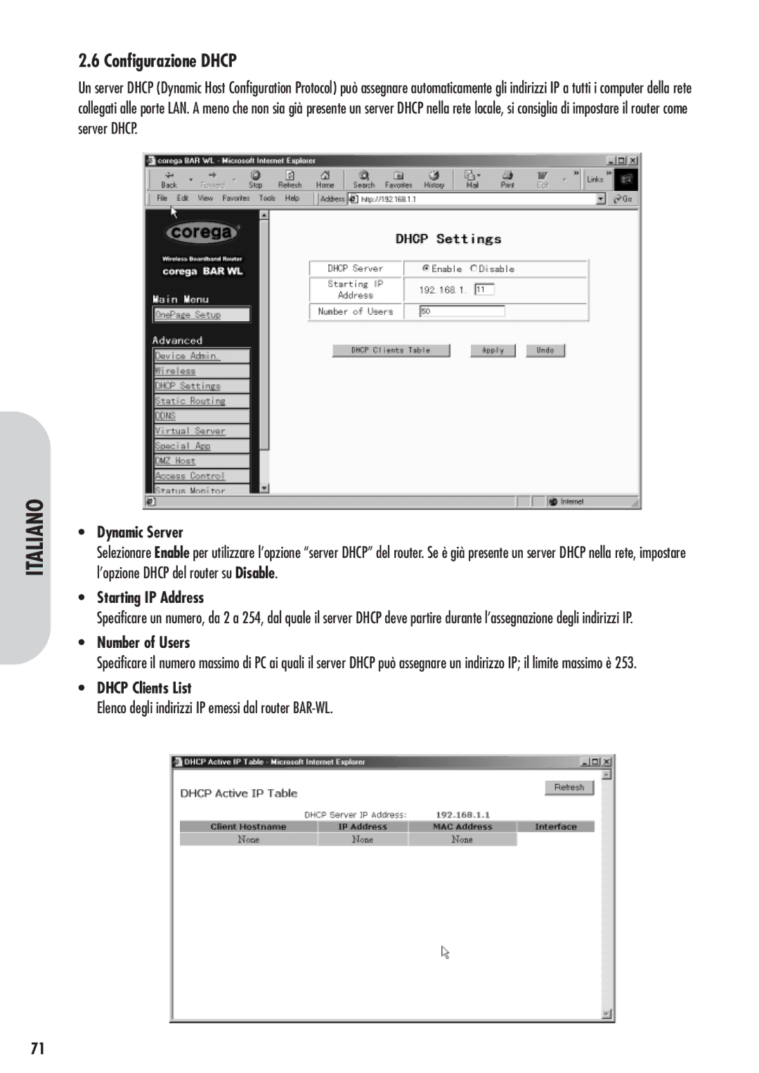 Corega 613-00041-01 manual Configurazione Dhcp, Elenco degli indirizzi IP emessi dal router BAR-WL 