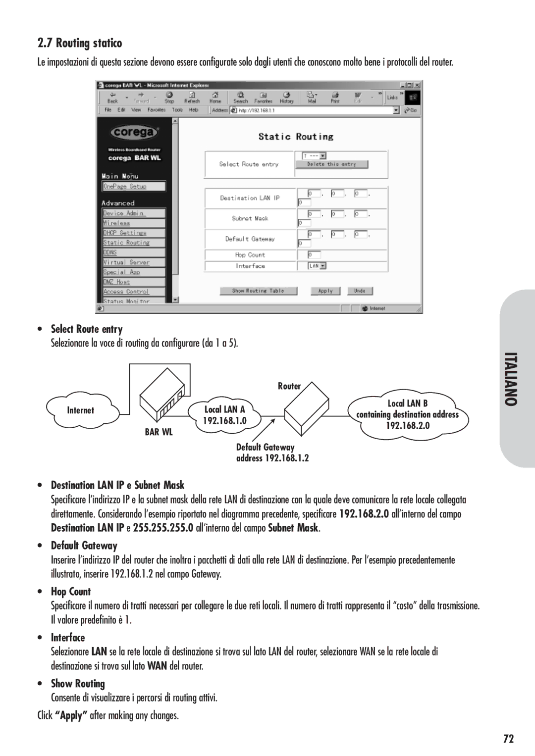 Corega 613-00041-01 manual Routing statico, Selezionare la voce di routing da configurare da 1 a 