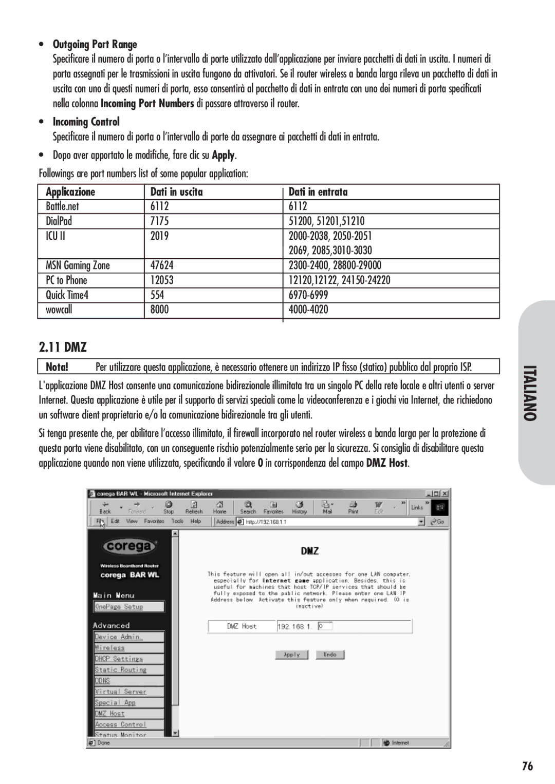 Corega 613-00041-01 manual Applicazione Dati in uscita Dati in entrata, Battle.net 6112 DialPad 7175 51200, 51201,51210 