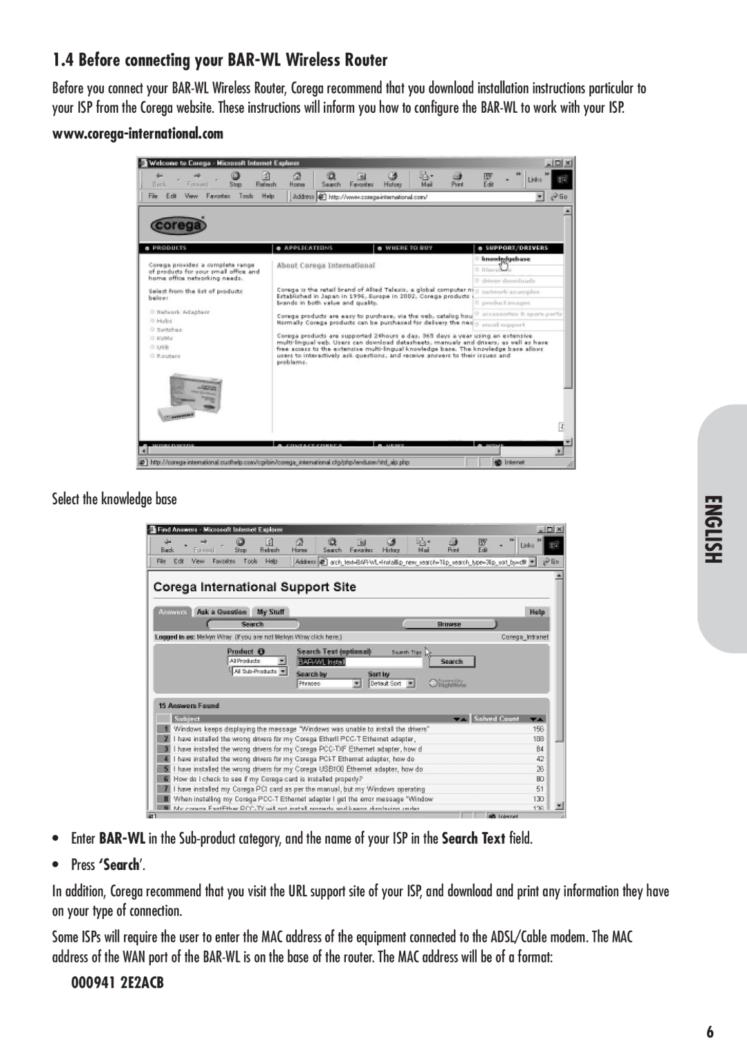 Corega 613-00041-01 manual Before connecting your BAR-WL Wireless Router, Select the knowledge base, 000941 2E2ACB 