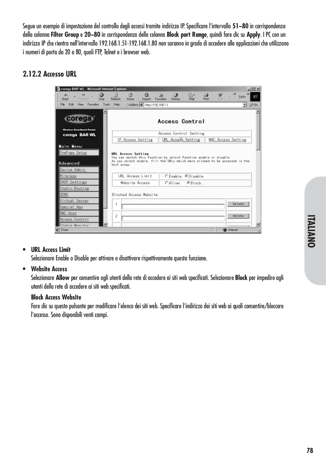 Corega 613-00041-01 manual Accesso URL, URL Access Limit 