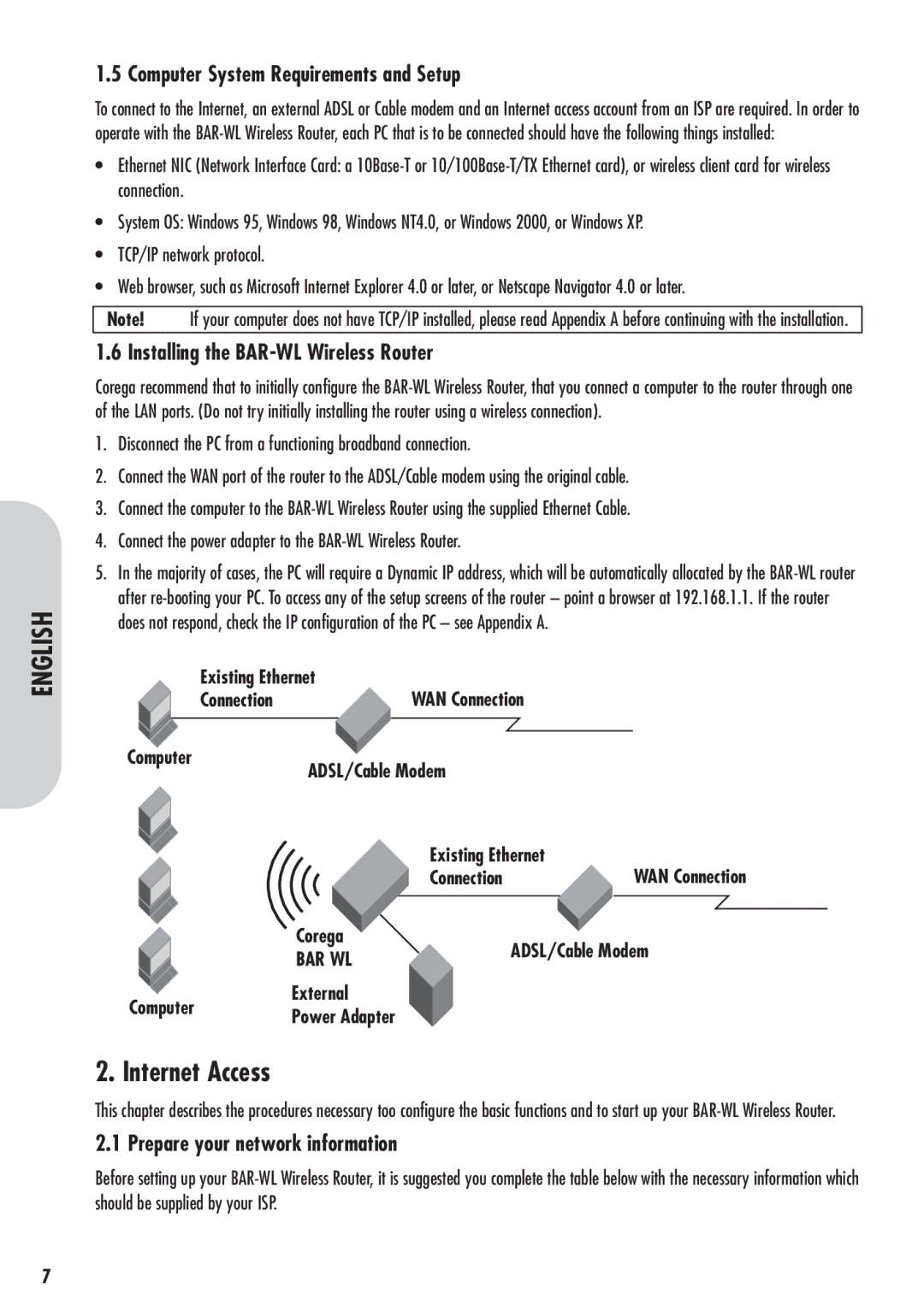 Corega 613-00041-01 manual Computer System Requirements and Setup, Installing the BAR-WL Wireless Router, Bar Wl 