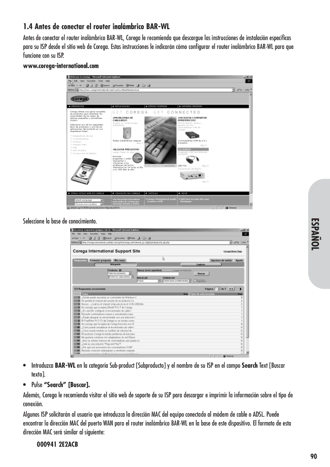 Corega 613-00041-01 manual Antes de conectar el router inalámbrico BAR-WL, Pulse Search Buscar 