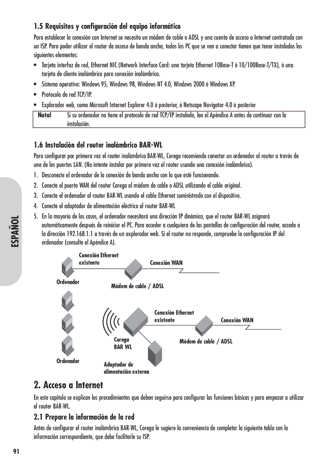 Corega 613-00041-01 manual Requisitos y configuración del equipo informático, Instalación del router inalámbrico BAR-WL 