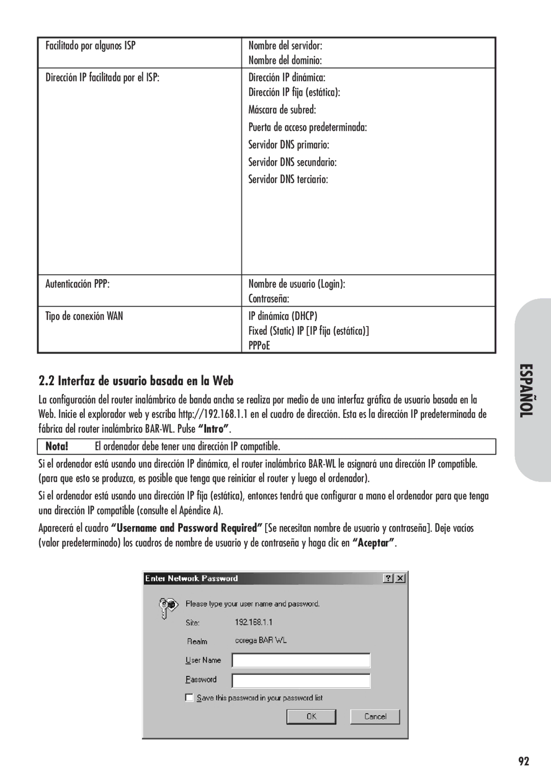 Corega 613-00041-01 manual Interfaz de usuario basada en la Web, Nota! El ordenador debe tener una dirección IP compatible 