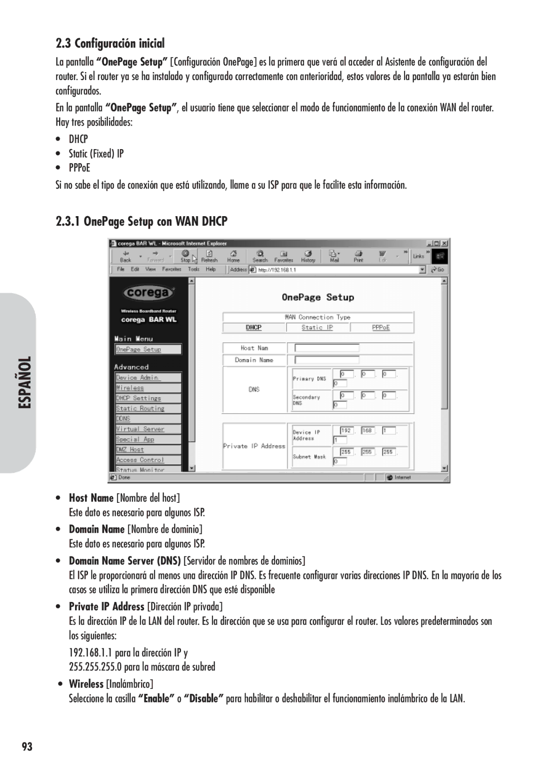 Corega 613-00041-01 manual Configuración inicial, OnePage Setup con WAN Dhcp, Static Fixed IP PPPoE, Wireless Inalámbrico 