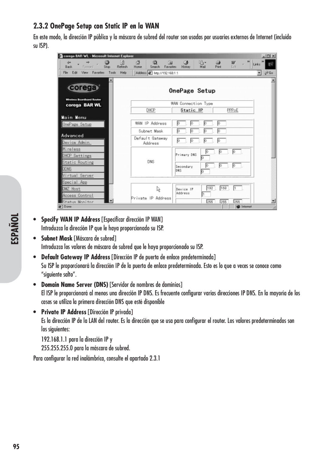 Corega 613-00041-01 manual OnePage Setup con Static IP en la WAN, Para configurar la red inalámbrica, consulte el apartado 