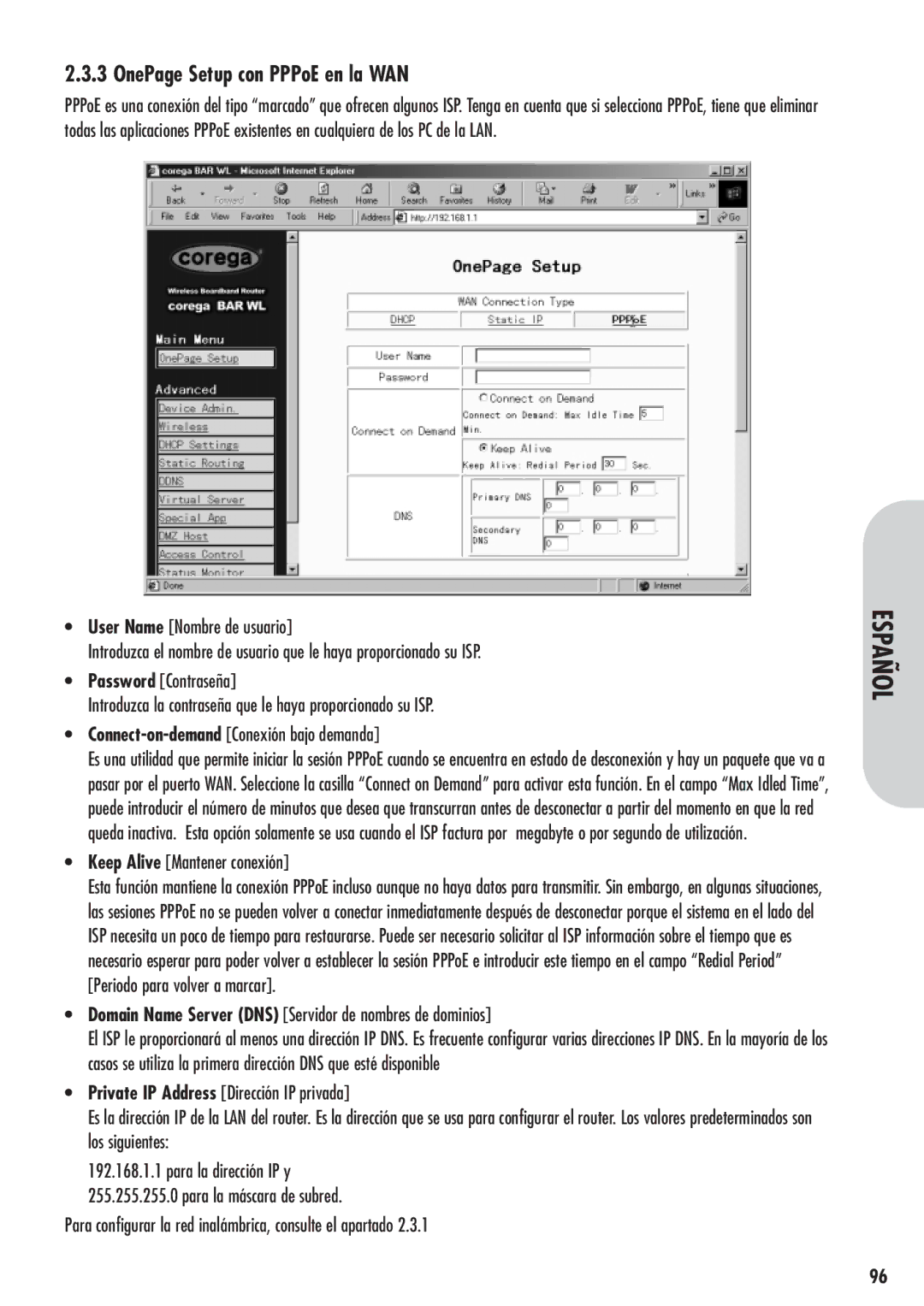 Corega 613-00041-01 manual OnePage Setup con PPPoE en la WAN, Keep Alive Mantener conexión 