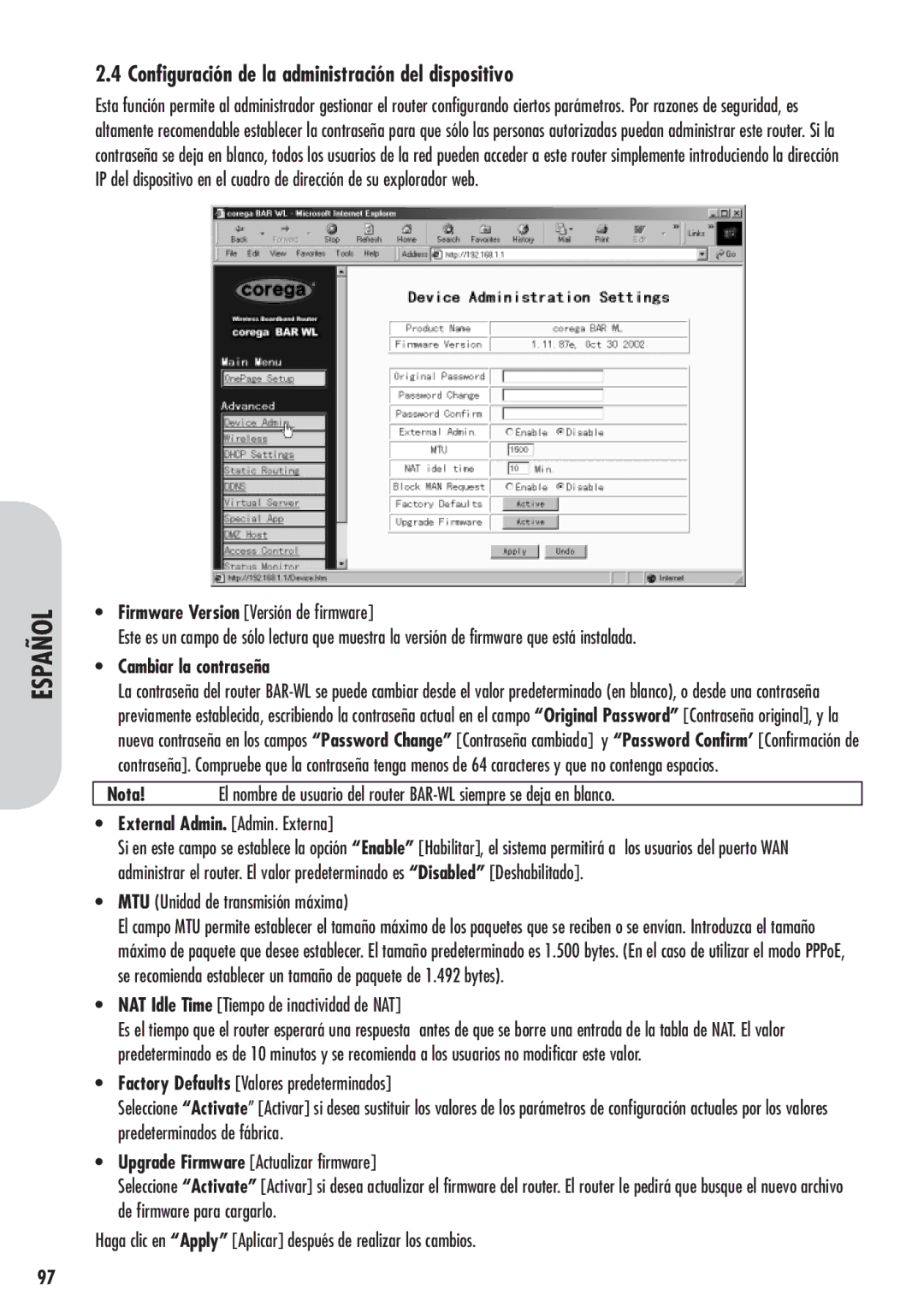 Corega 613-00041-01 manual Configuración de la administración del dispositivo, Cambiar la contraseña 