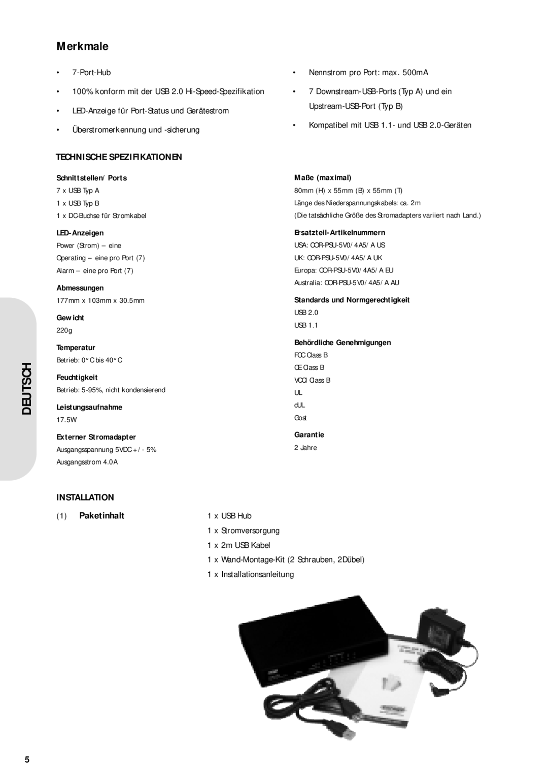 Corega 7 Port USB 2.0 Hi-Speed Hub, USB2-HUB7 warranty Deutsch, Merkmale, Technische Spezifikationen, Paketinhalt 