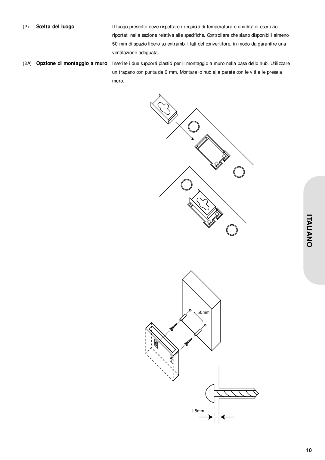 Corega USB2-HUB7 warranty Scelta del luogo, ventilazione adeguata, Italiano, 2A Opzione di montaggio a muro 