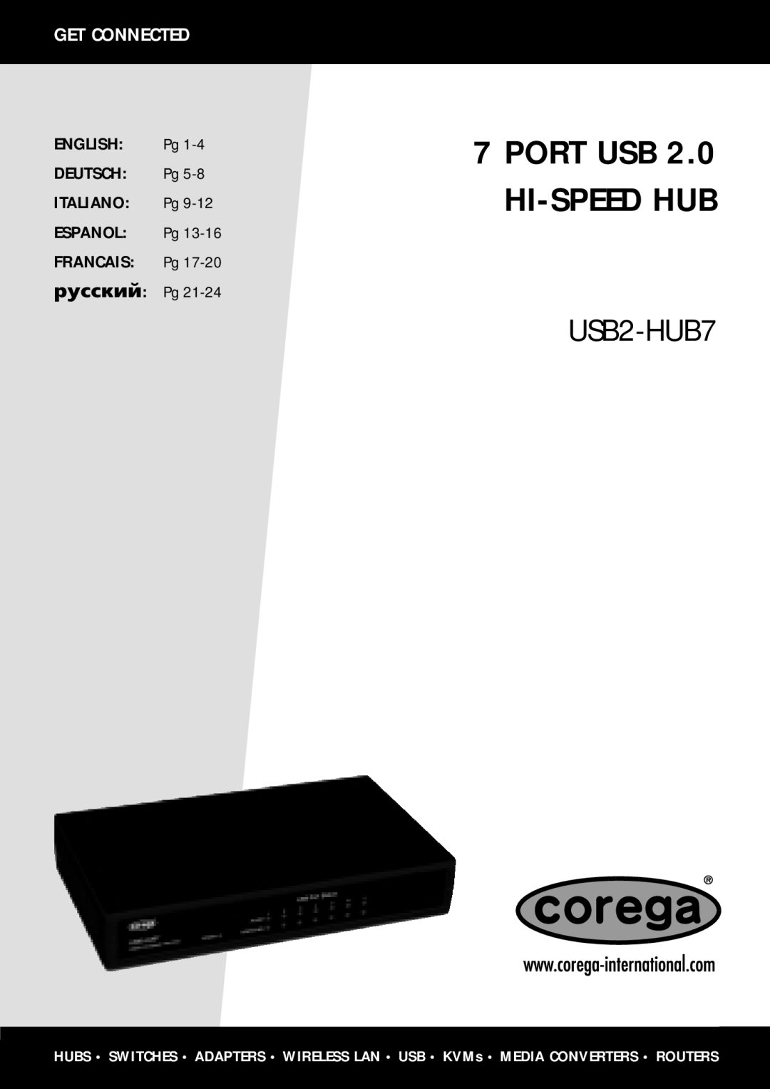 Corega USB2-HUB7 warranty English, Deutsch, Italiano, Espanol, Francais, PORT USB 2.0 HI-SPEED HUB, Get Connected 