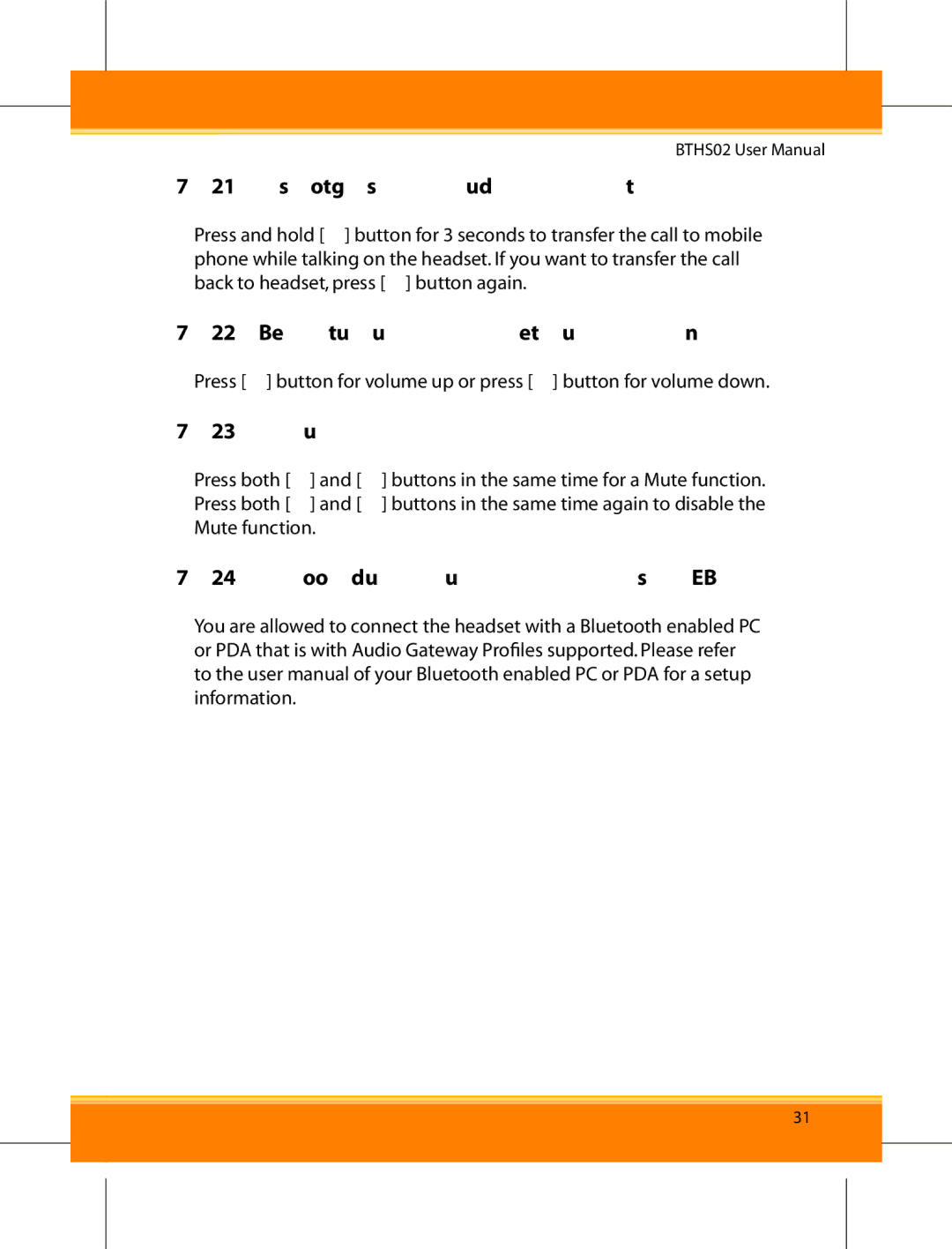 Corega BTHS02 user manual Transfer/Switch Calls, Adjust the headset Volume, Mute, Connect with a PC or PDA 