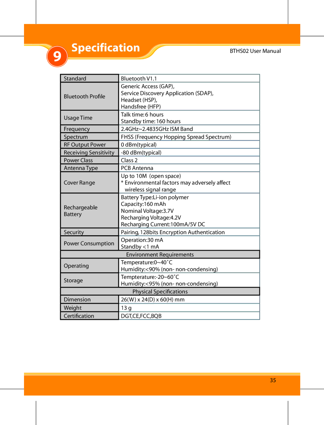 Corega BTHS02 user manual Specification 