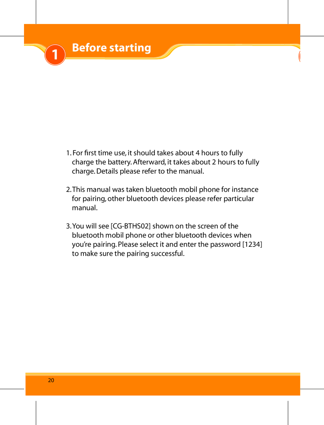 Corega user manual BTHS02 Before starting 