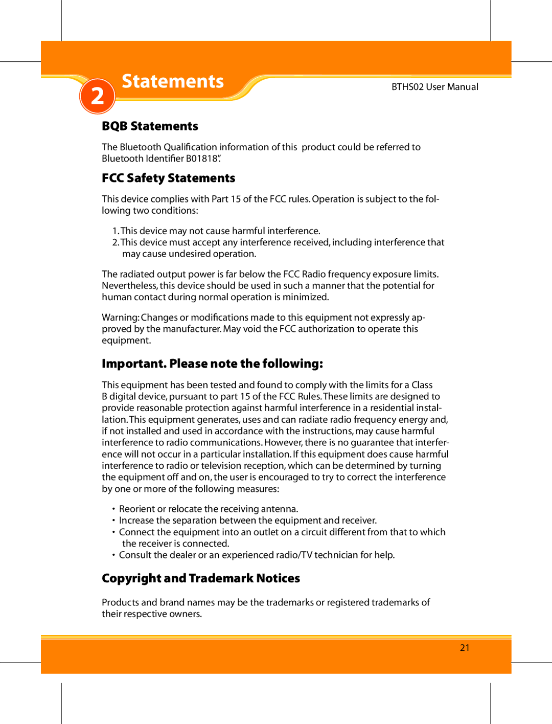 Corega BTHS02 user manual BQB Statements, FCC Safety Statements, Important. Please note the following 