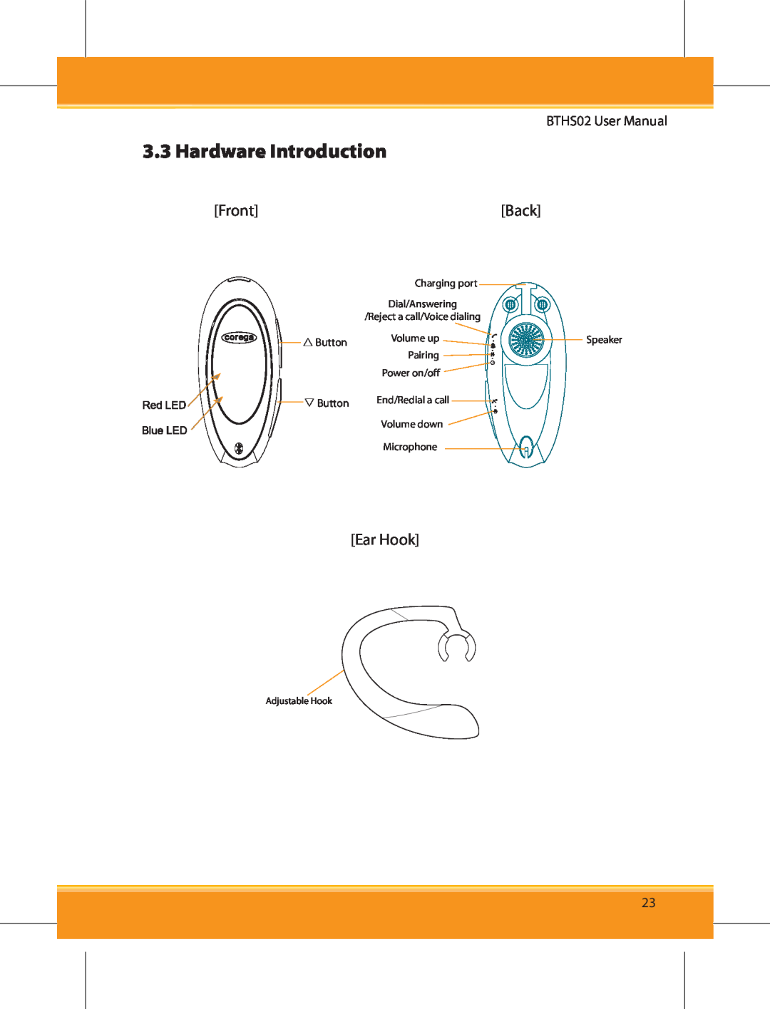 Corega BTHS02 user manual Hardware Introduction, Front, Back, Ear Hook 
