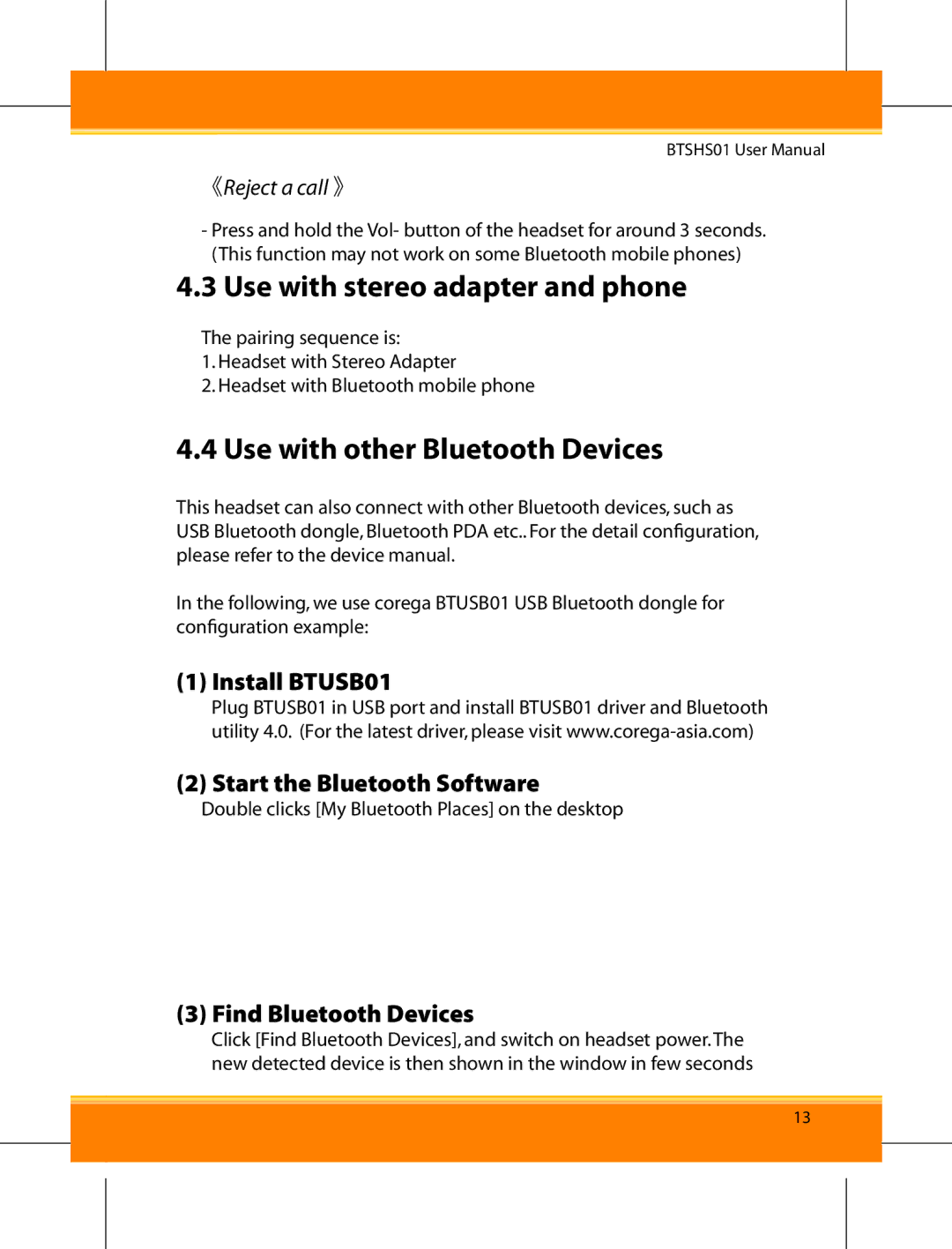 Corega BTSHS01 user manual Use with stereo adapter and phone, Use with other Bluetooth Devices, Find Bluetooth Devices 