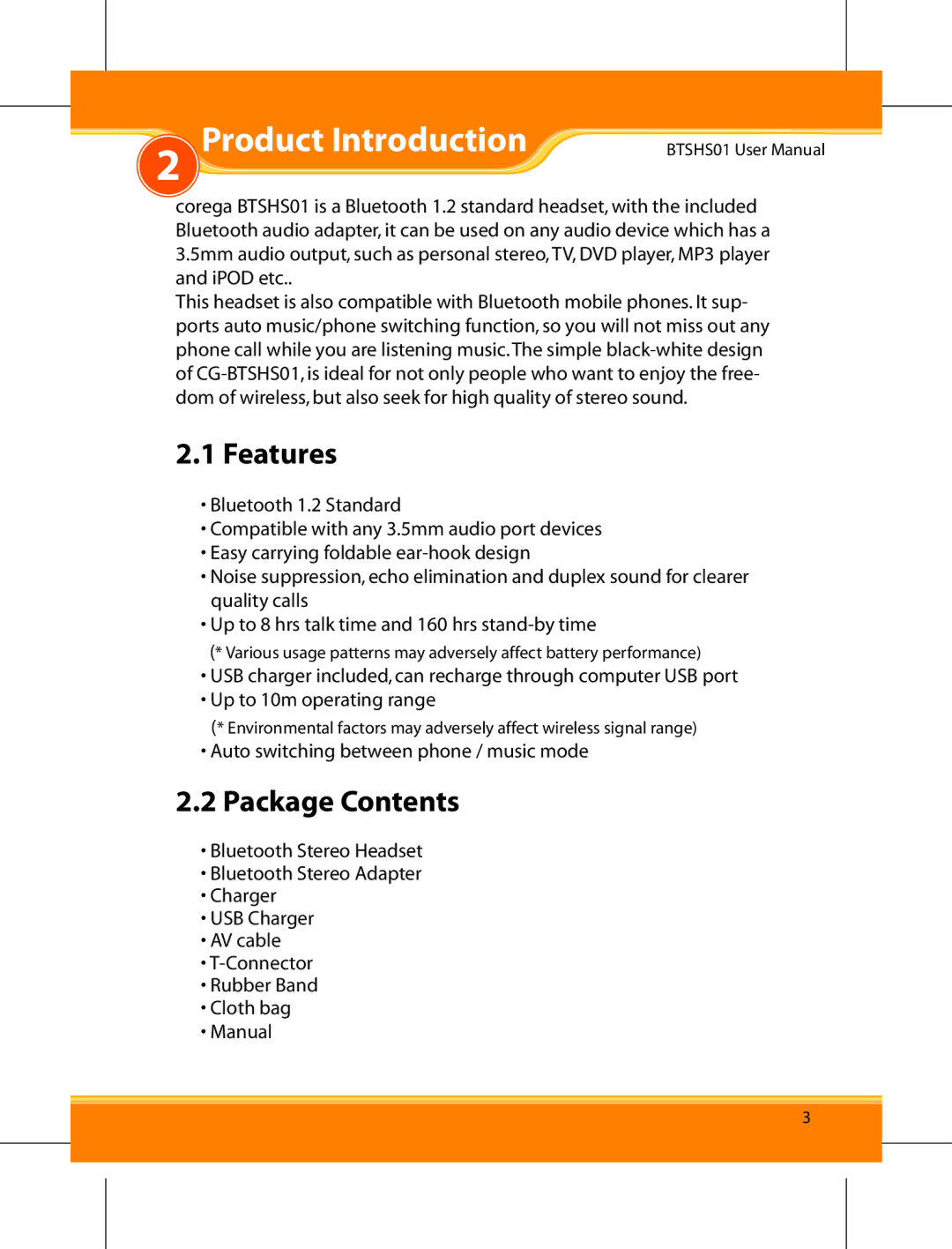 Corega BTSHS01 user manual Product Introduction, Features, Package Contents 