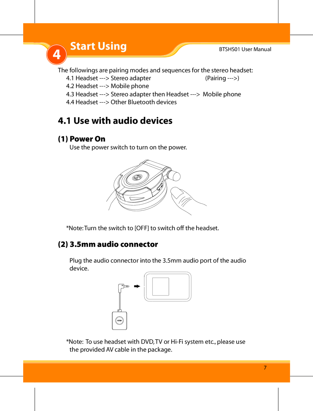 Corega BTSHS01 user manual Start Using, Use with audio devices, Power On, 5mm audio connector 