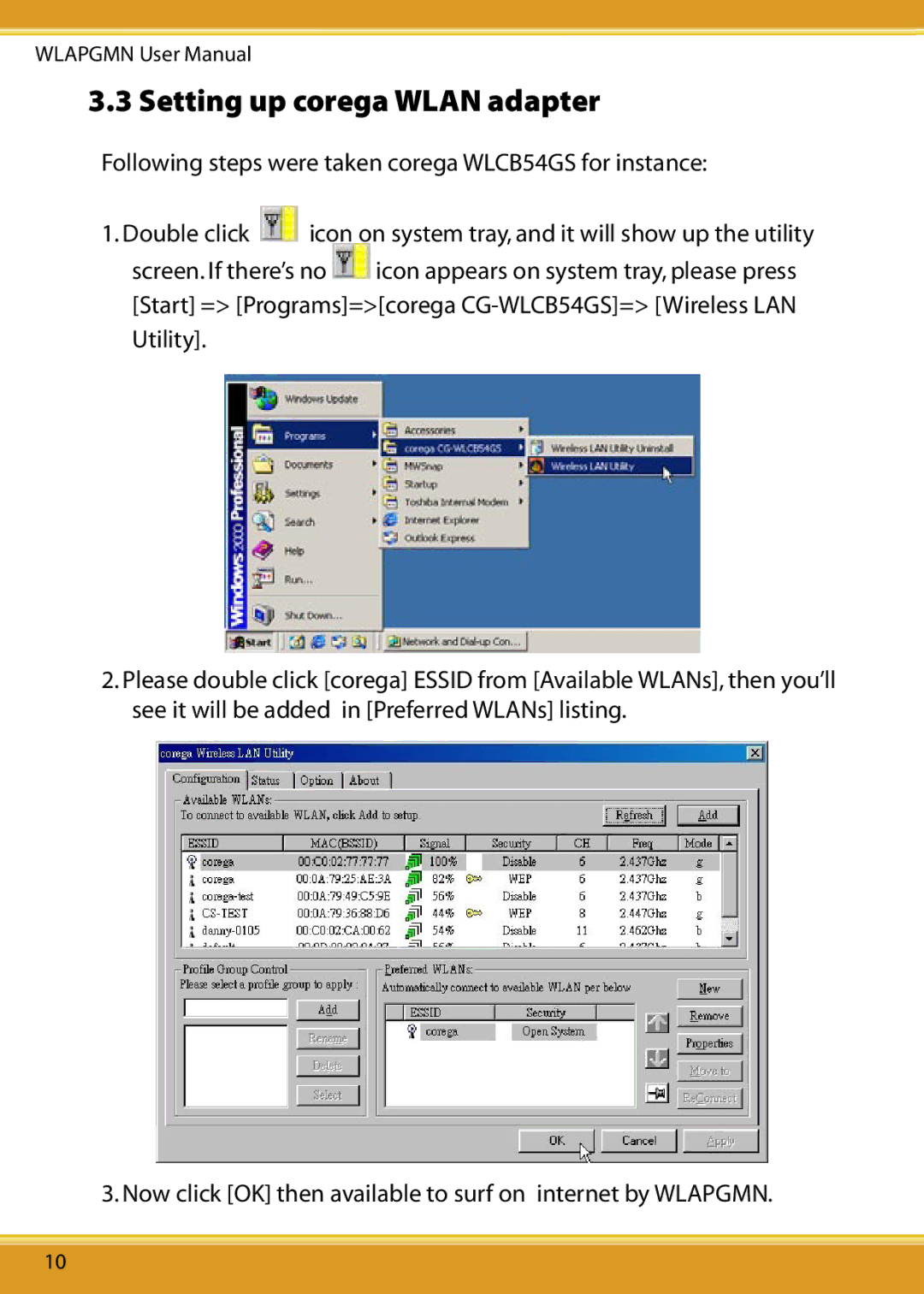 Corega CG-WLAPGMN user manual Setting up corega Wlan adapter 