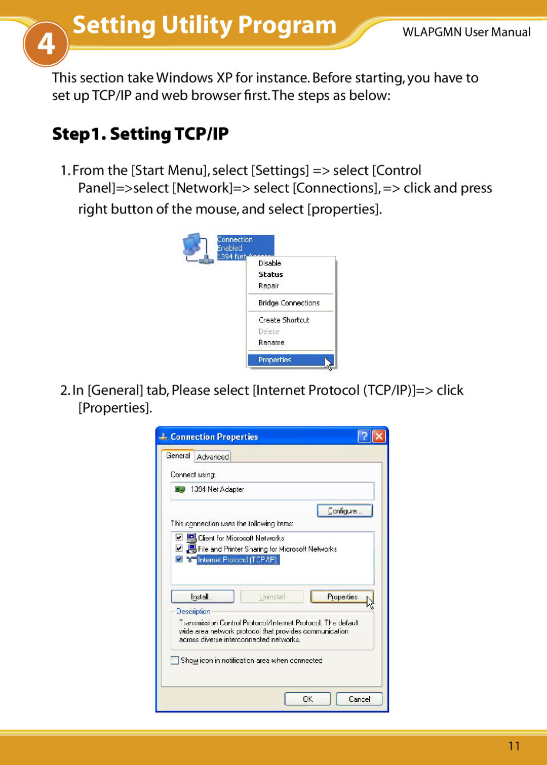 Corega CG-WLAPGMN user manual Setting Utility Program, Setting TCP/IP 