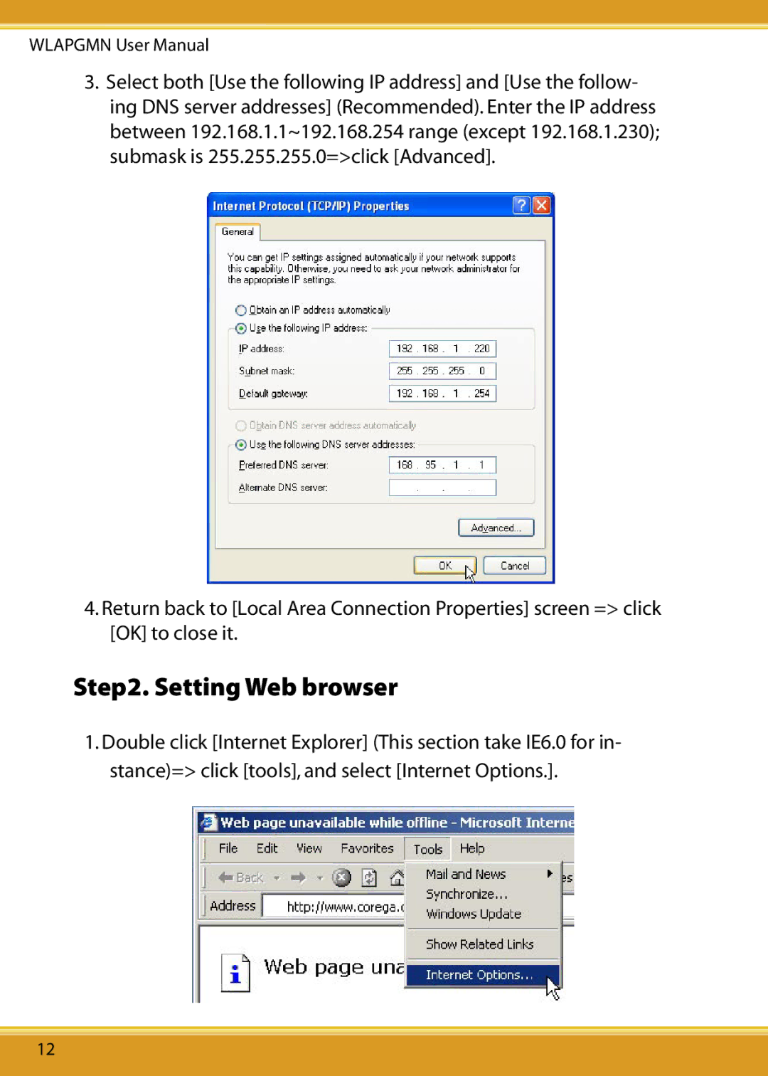 Corega CG-WLAPGMN user manual Setting Web browser 