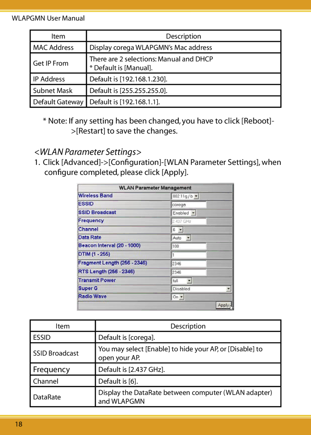 Corega CG-WLAPGMN user manual Wlan Parameter Settings, Essid 