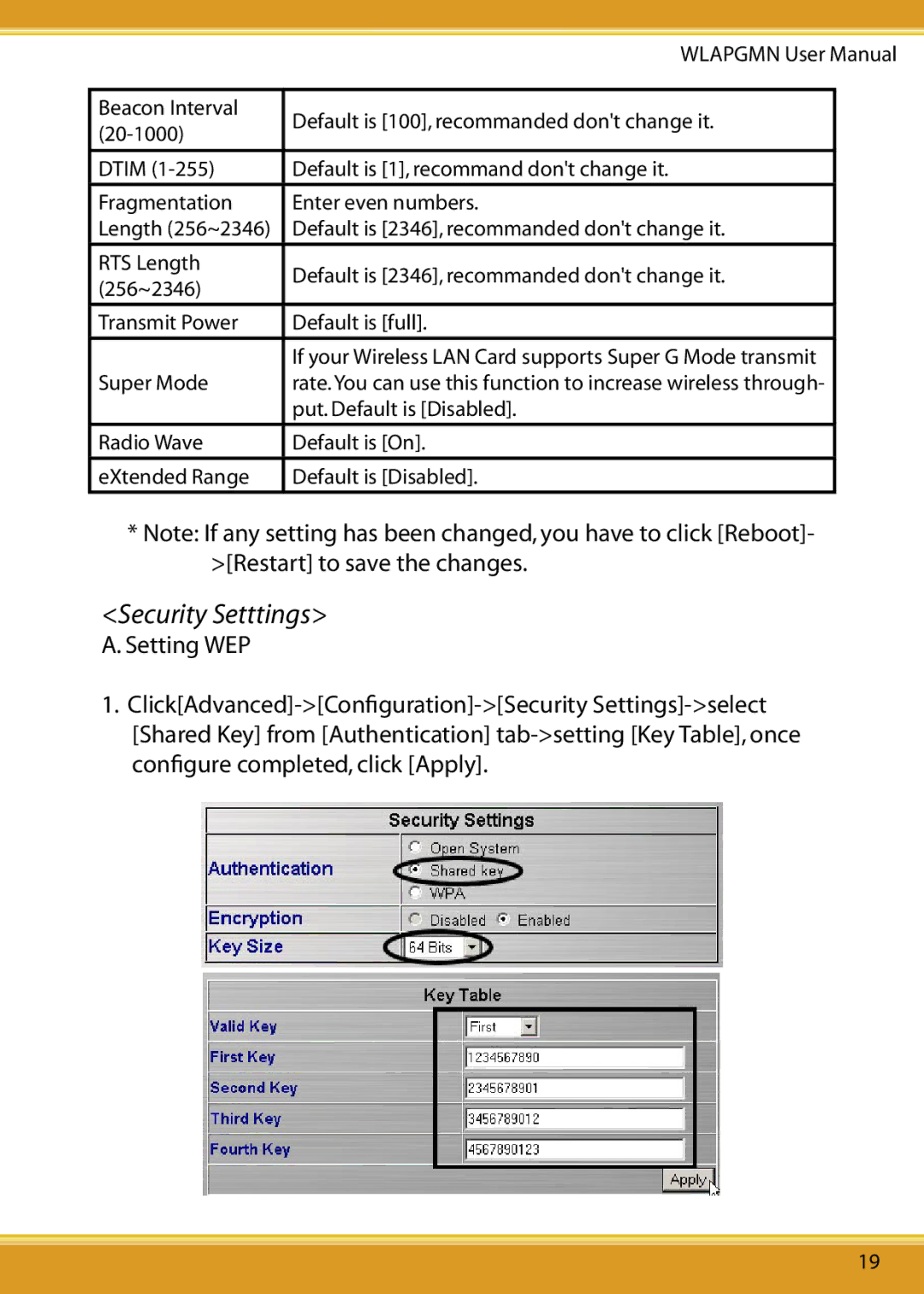 Corega CG-WLAPGMN user manual Security Setttings, Setting WEP 