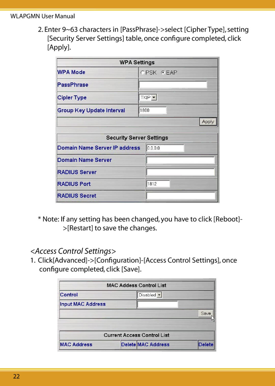 Corega CG-WLAPGMN user manual Access Control Settings 