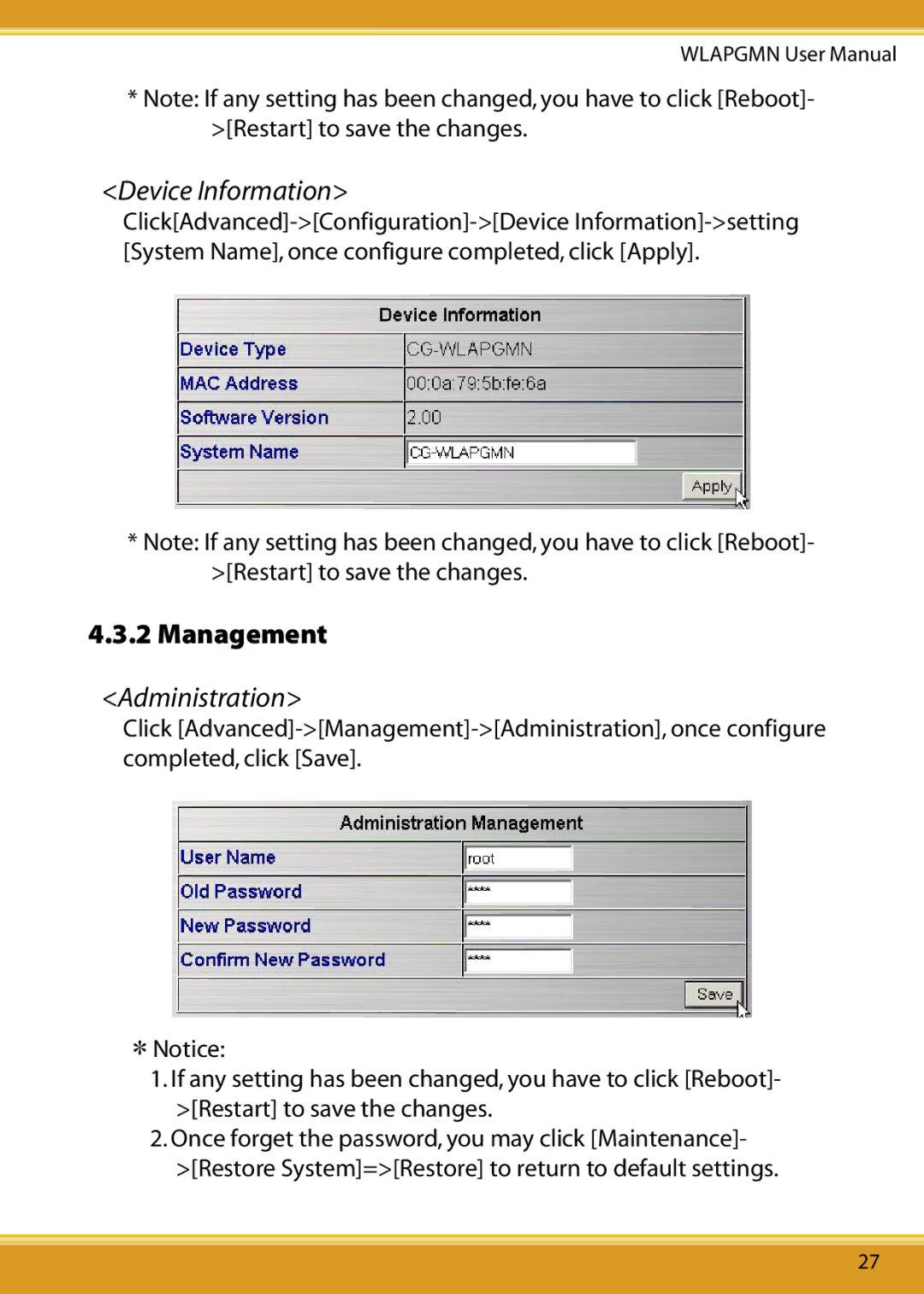 Corega CG-WLAPGMN user manual Device Information, Administration 