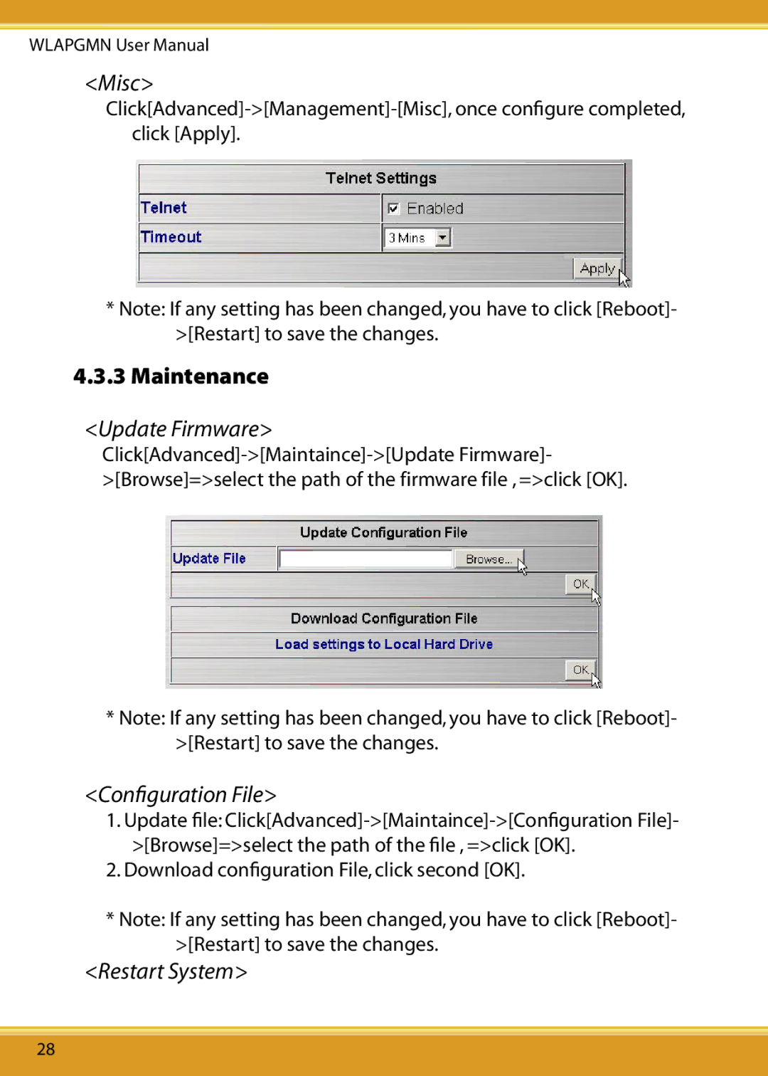 Corega CG-WLAPGMN user manual Misc, Update Firmware, Conﬁguration File, Restart System 