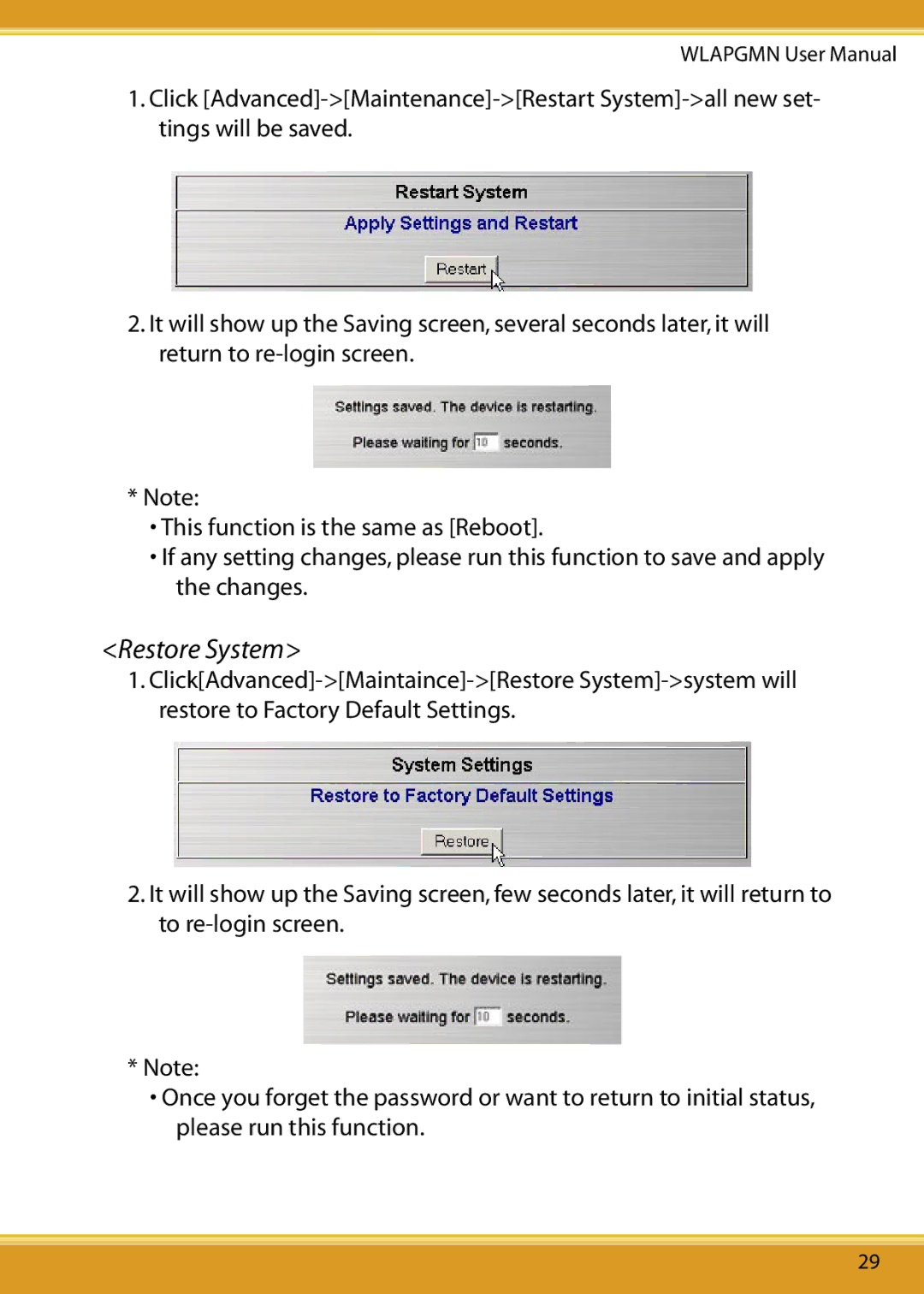 Corega CG-WLAPGMN user manual Restore System 