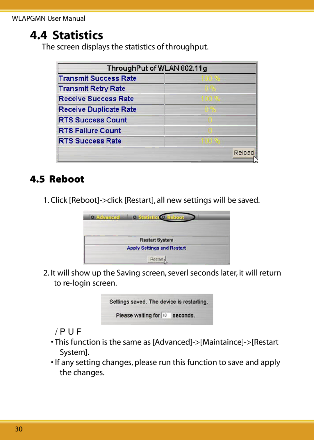 Corega CG-WLAPGMN user manual Statistics, Reboot 