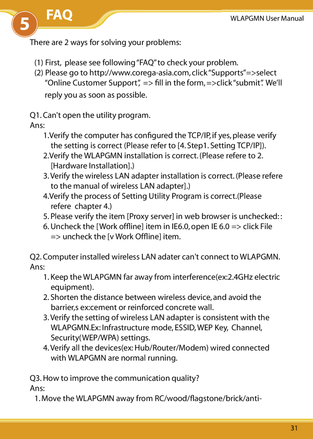 Corega CG-WLAPGMN user manual Faq 