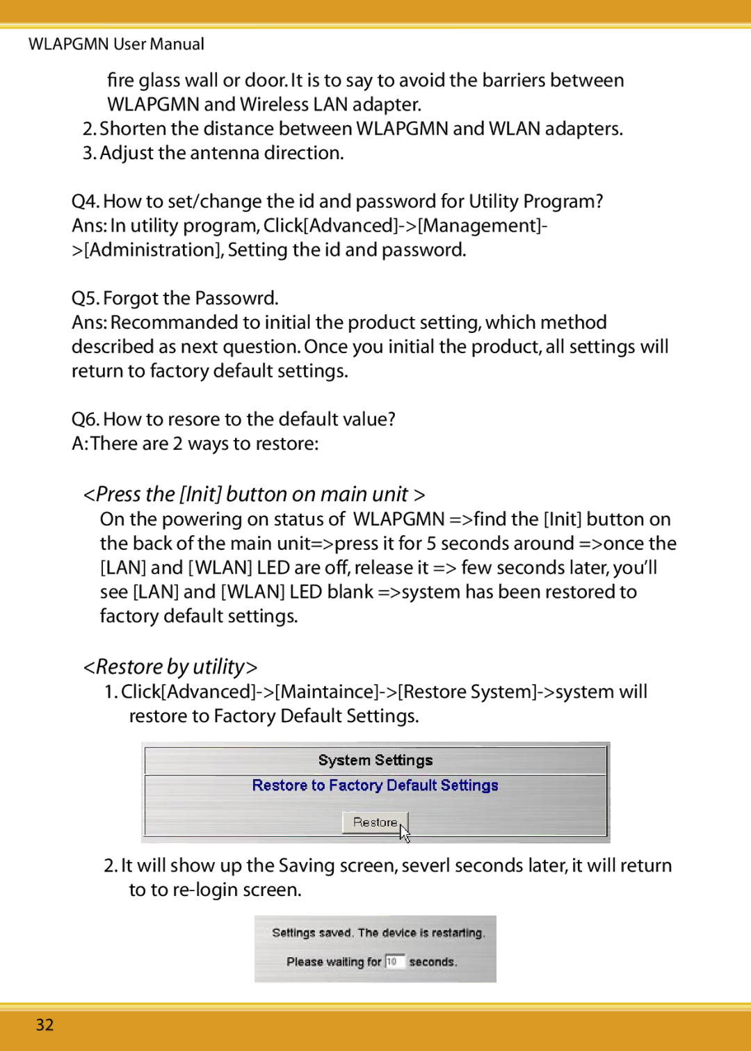 Corega CG-WLAPGMN user manual Press the Init button on main unit, Restore by utility 